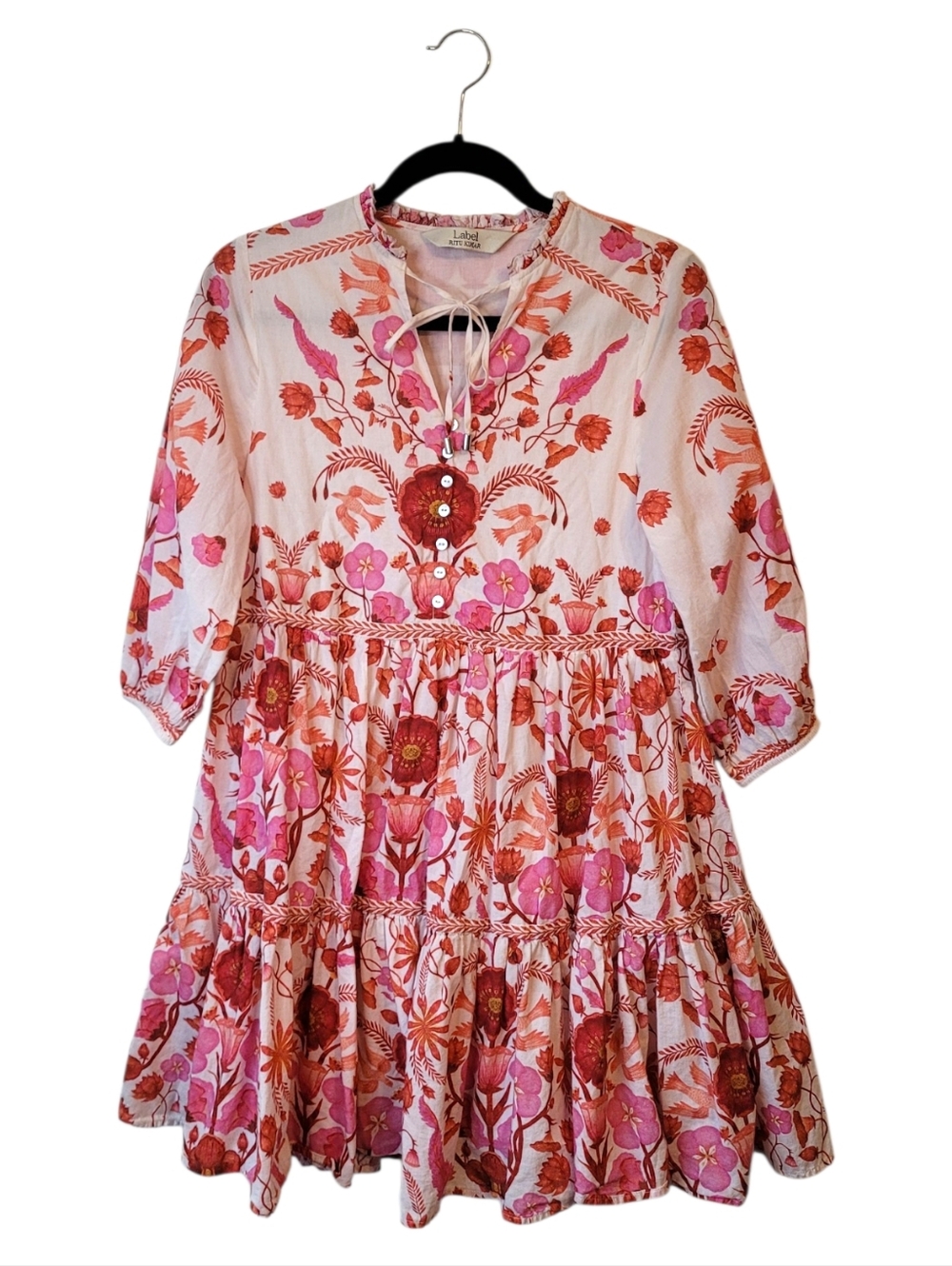 Label Ritu Kumar Pink & Rust Floral Tie-Neck Dress Size L